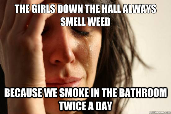 the girls down the hall always smell weed because we smoke in the bathroom twice a day  First World Problems