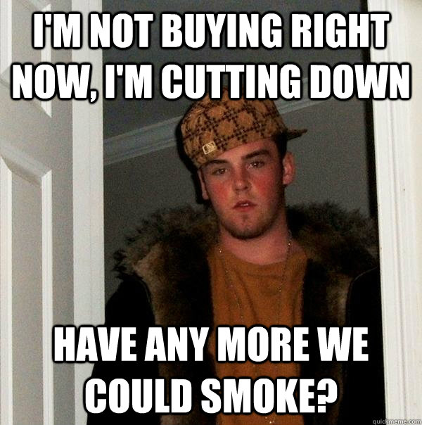 I'm not buying right now, I'm cutting down Have any more we could smoke?  Scumbag Steve