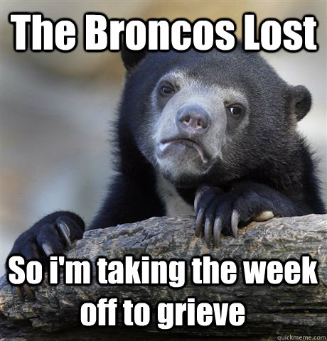 The Broncos Lost So i'm taking the week off to grieve  Confession Bear