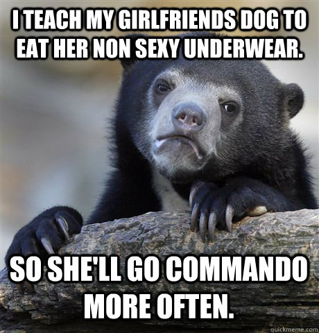 I teach my girlfriends dog to eat her non sexy underwear. So she'll go commando more often.  Confession Bear