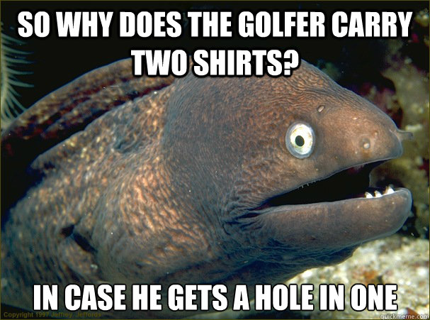 So why does the golfer carry two shirts? In case he gets a hole in one  Bad Joke Eel