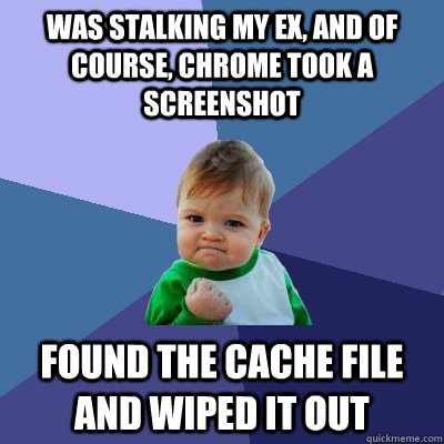 was stalking my ex, and of course, chrome took a screenshot found the cache file and wiped it out  Success Kid