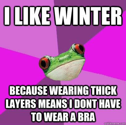 I like winter because wearing thick layers means i dont have to wear a bra  Foul Bachelorette Frog