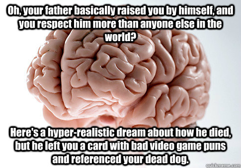 Oh, your father basically raised you by himself, and you respect him more than anyone else in the world? Here's a hyper-realistic dream about how he died, but he left you a card with bad video game puns and referenced your dead dog.   Scumbag Brain