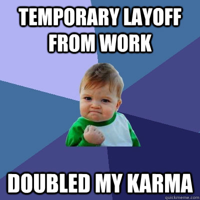 Temporary layoff from work doubled my Karma - Temporary layoff from work doubled my Karma  Success Kid