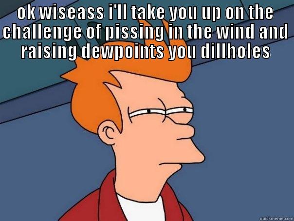 OK WISEASS I'LL TAKE YOU UP ON THE CHALLENGE OF PISSING IN THE WIND AND RAISING DEWPOINTS YOU DILLHOLES  Futurama Fry