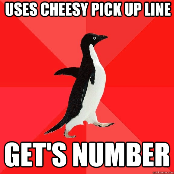 Uses cheesy pick up line get's number  Socially Awesome Penguin