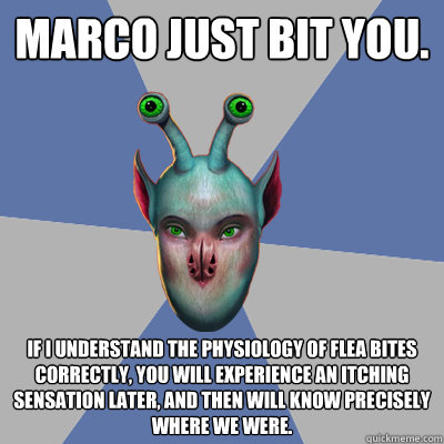 Marco just bit you. If I understand the physiology of flea bites correctly, you will experience an itching sensation later, and then will know precisely where we were. - Marco just bit you. If I understand the physiology of flea bites correctly, you will experience an itching sensation later, and then will know precisely where we were.  Naive Ax