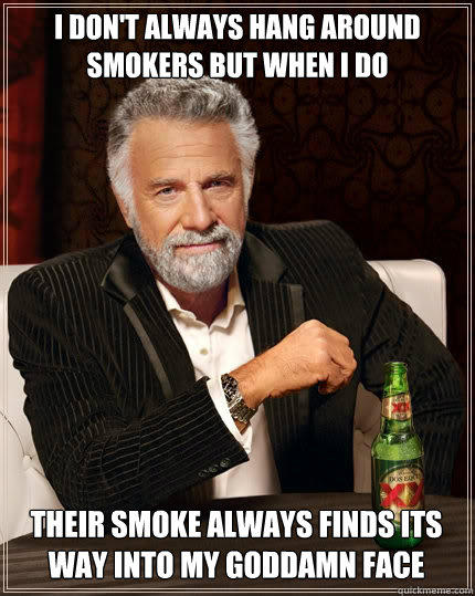 I DON'T ALWAYS HANG AROUND SMOKERS BUT WHEN I DO THEIR SMOKE ALWAYS FINDS ITS WAY INTO MY GODDAMN FACE  