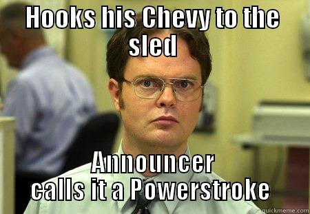 screwed up announcer - HOOKS HIS CHEVY TO THE SLED ANNOUNCER CALLS IT A POWERSTROKE  Schrute