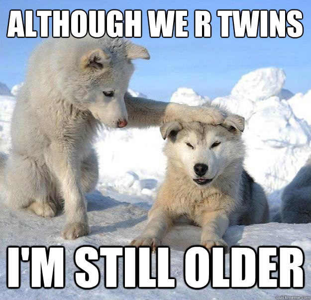 Although we r twins
 I'm still older  Caring Husky