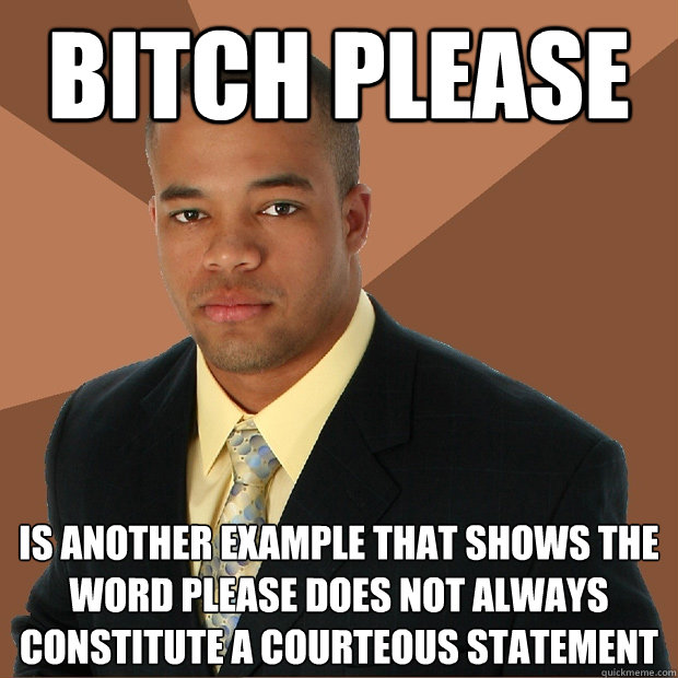 bitch please is another example that shows the word please does not always constitute a courteous statement  Successful Black Man