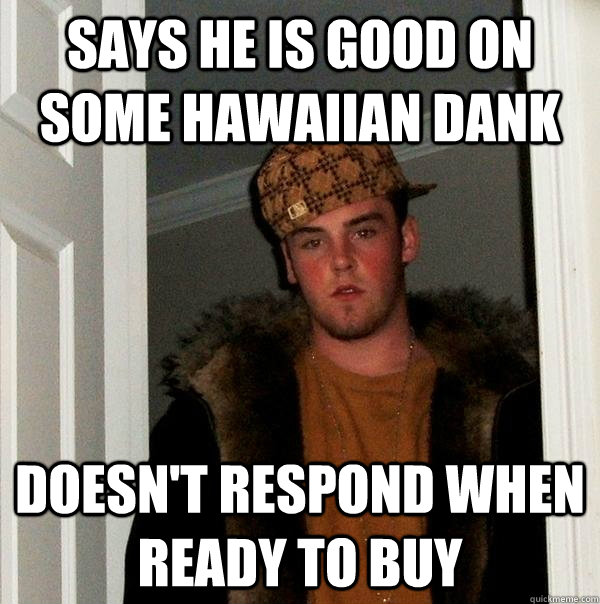 Says he is good on  some Hawaiian dank  Doesn't respond when ready to buy  Scumbag Steve