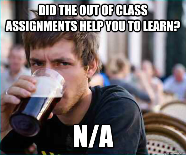 Did the out of class assignments help you to learn? N/A - Did the out of class assignments help you to learn? N/A  Lazy College Senior