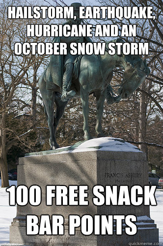 hailstorm, earthquake, hurricane and an October snow storm  100 free snack bar points  Drew University Meme