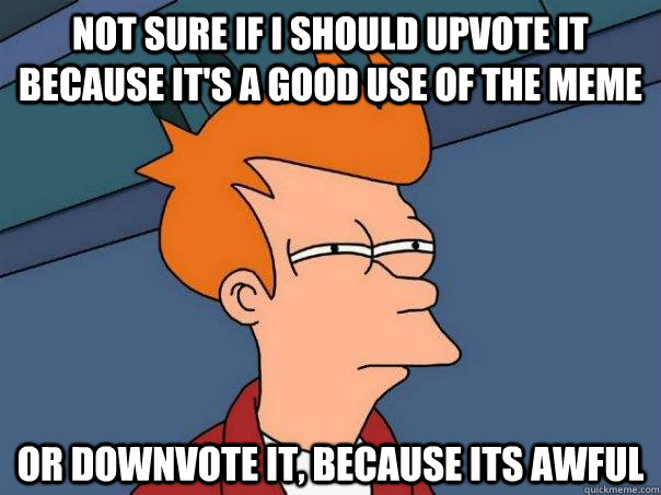 Not sure if I should upvote it because it's a good use of the meme Or downvote it, because its awful  Futurama Fry