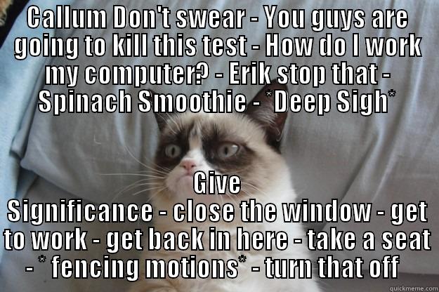 TREX POOINGH - CALLUM DON'T SWEAR - YOU GUYS ARE GOING TO KILL THIS TEST - HOW DO I WORK MY COMPUTER? - ERIK STOP THAT - SPINACH SMOOTHIE - *DEEP SIGH* GIVE SIGNIFICANCE - CLOSE THE WINDOW - GET TO WORK - GET BACK IN HERE - TAKE A SEAT - * FENCING MOTIONS* - TURN THAT OFF   Grumpy Cat