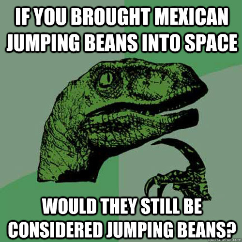 If you brought Mexican jumping beans into space would they still be considered jumping beans? - If you brought Mexican jumping beans into space would they still be considered jumping beans?  Philosoraptor