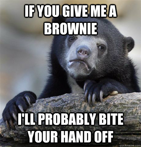 If you give me a brownie i'll probably bite your hand off  Confession Bear