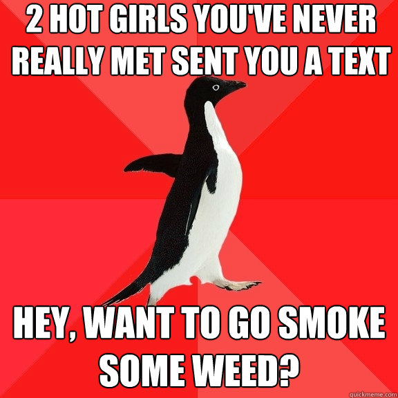 2 hot girls you've never really met sent you a text Hey, want to go smoke some weed?  Socially Awesome Penguin