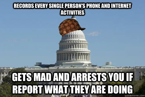 Records every single person's phone and internet activities Gets mad and arrests you if report what they are doing   