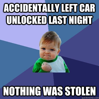 Accidentally left car unlocked last night nothing was stolen  Success Kid