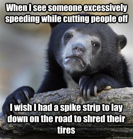 When I see someone excessively speeding while cutting people off I wish I had a spike strip to lay down on the road to shred their tires  Confession Bear