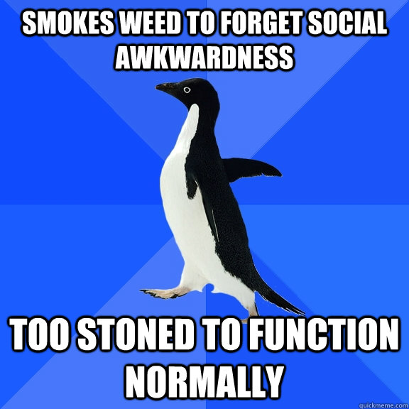 smokes weed to forget social awkwardness Too stoned to function normally  Socially Awkward Penguin