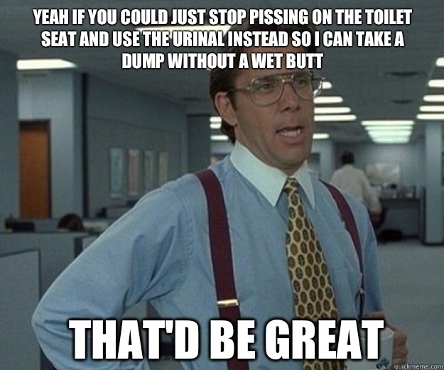 Yeah if you could just stop pissing on the toilet seat and use the urinal instead so I can take a dump without a wet butt THAT'D BE GREAT  that would be great