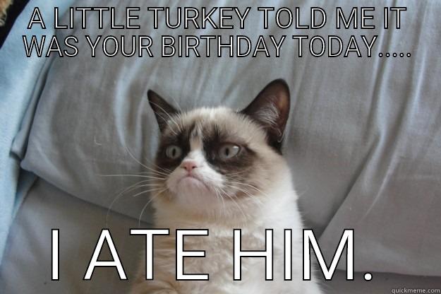 Thanksgiving Birthday Wish - A LITTLE TURKEY TOLD ME IT WAS YOUR BIRTHDAY TODAY..... I ATE HIM. Grumpy Cat