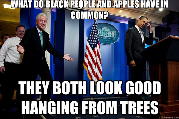 What do black people and apples have in common? They both look good hanging from trees  Inappropriate Timing Bill Clinton