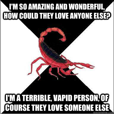 i'm so amazing and wonderful, how could they love anyone else? i'm a terrible, vapid person, of course they love someone else  Borderline scorpion