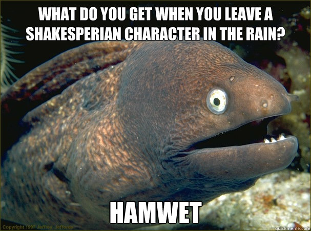 What do you get when you leave a Shakesperian Character in the rain? Hamwet - What do you get when you leave a Shakesperian Character in the rain? Hamwet  Bad Joke Eel