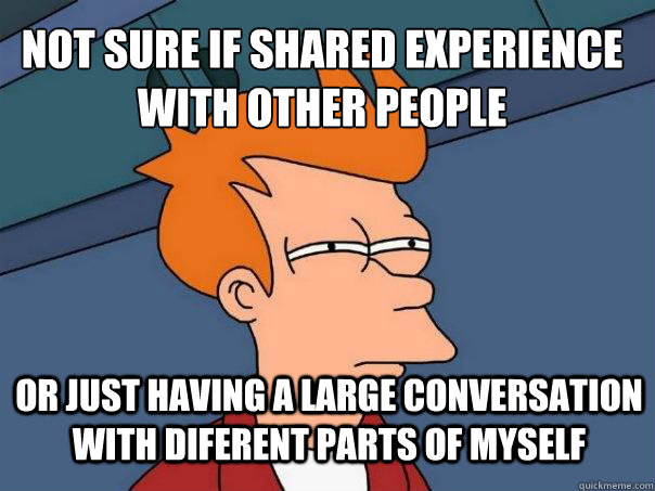 not sure if shared experience with other people or just having a large conversation with diferent parts of myself   Futurama Fry