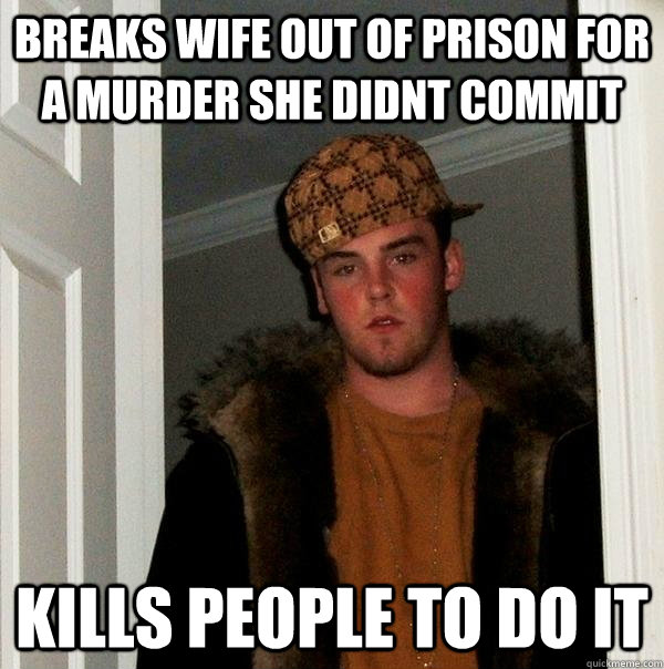 Breaks wife out of prison for a murder she didnt commit Kills people to do it  Scumbag Steve