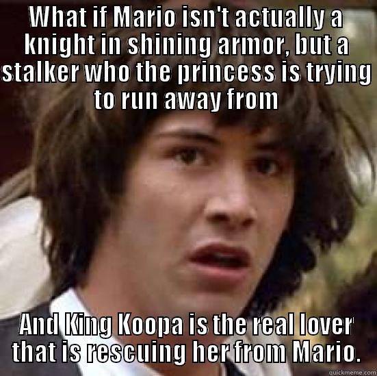 WHAT IF MARIO ISN'T ACTUALLY A KNIGHT IN SHINING ARMOR, BUT A STALKER WHO THE PRINCESS IS TRYING TO RUN AWAY FROM AND KING KOOPA IS THE REAL LOVER THAT IS RESCUING HER FROM MARIO. conspiracy keanu