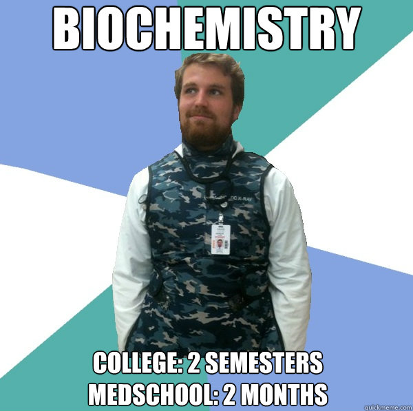 Biochemistry  College: 2 semesters
Medschool: 2 months  Unabridged First Year Medical Student