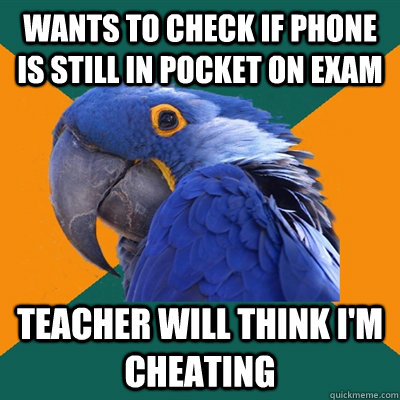 wants to check if phone is still in pocket on exam teacher will think i'm cheating - wants to check if phone is still in pocket on exam teacher will think i'm cheating  Paranoid Parrot