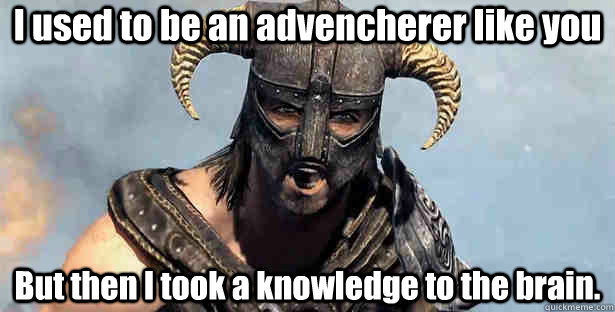 I used to be an advencherer like you But then I took a knowledge to the brain.  Took an Arrow to the Knee