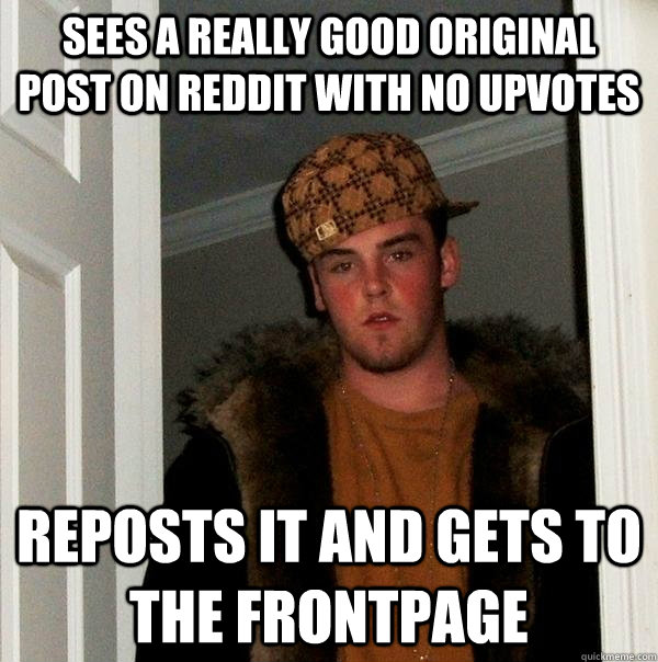 sees a really good original post on reddit with no upvotes reposts it and gets to the frontpage - sees a really good original post on reddit with no upvotes reposts it and gets to the frontpage  Scumbag Steve