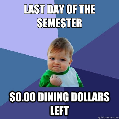 Last day of the semester $0.00 dining dollars left  Success Kid