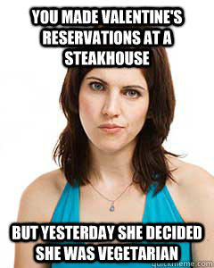 You made Valentine's reservations at a steakhouse But yesterday she decided she was vegetarian  Annoyed Girlfriend