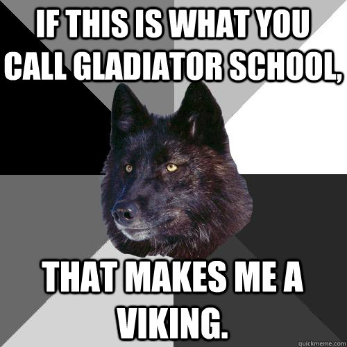 IF THIS IS WHAT YOU CALL GLADIATOR SCHOOL, THAT MAKES ME A VIKING.  Sanity Wolf