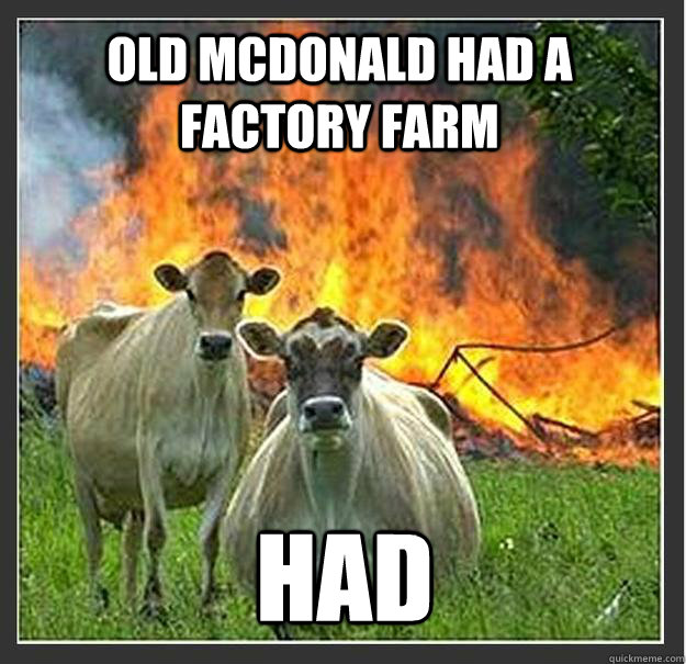 Old mcdonald had a factory farm had   Evil cows