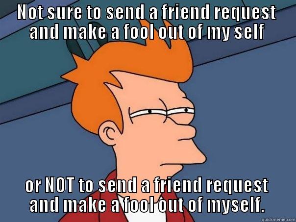 NOT SURE TO SEND A FRIEND REQUEST AND MAKE A FOOL OUT OF MY SELF OR NOT TO SEND A FRIEND REQUEST AND MAKE A FOOL OUT OF MYSELF. Futurama Fry