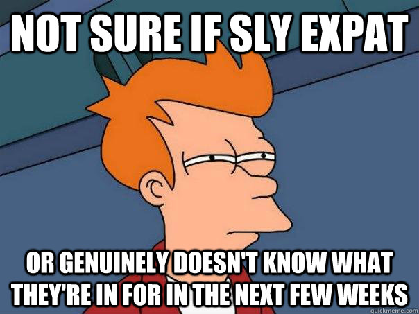 Not sure if sly expat or genuinely doesn't know what they're in for in the next few weeks - Not sure if sly expat or genuinely doesn't know what they're in for in the next few weeks  Futurama Fry