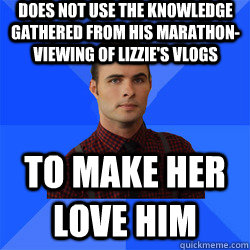 Does not use the knowledge gathered from his marathon-viewing of Lizzie's vlogs to make her love him - Does not use the knowledge gathered from his marathon-viewing of Lizzie's vlogs to make her love him  Socially Awkward Darcy