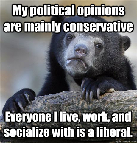 My political opinions are mainly conservative Everyone I live, work, and socialize with is a liberal.  Confession Bear