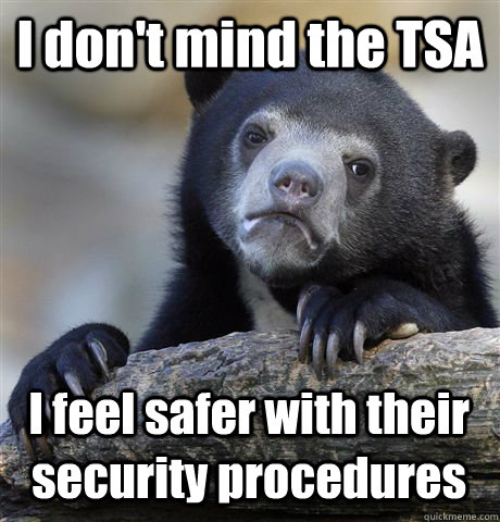 I don't mind the TSA I feel safer with their security procedures  Confession Bear