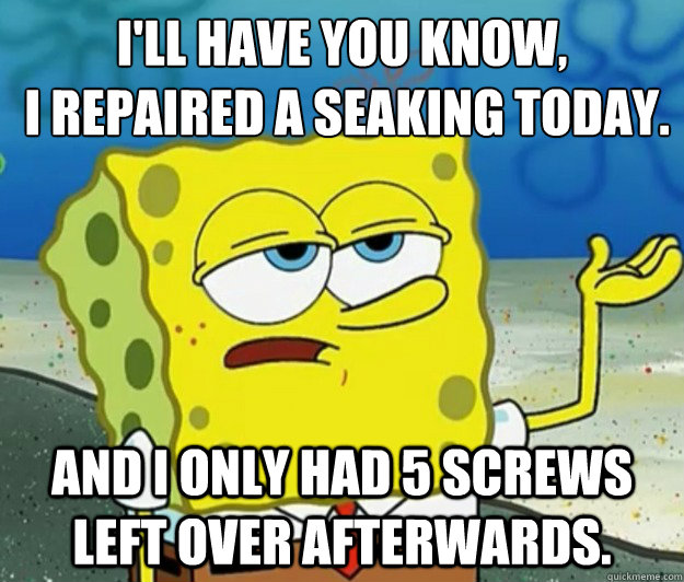 I'll have you know,
 I repaired a seaking today. And I only had 5 screws left over afterwards.  Tough Spongebob